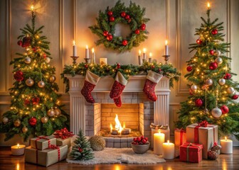 Cozy festive holiday scene featuring a beautifully decorated mantel with garlands, stockings, ornaments, and candles, surrounded by presents and evergreen branches.
