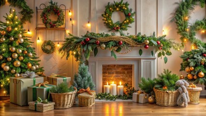 Cozy festive holiday scene with a beautifully decorated mantel adorned with lush green garland, ribbons, and ornaments, with storage bins and baskets in the background.