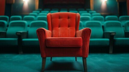 Obraz premium A striking red armchair stands out in an empty theater filled with green seats.
