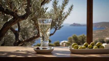 Greek Tsipouro in a Glass with Olive Trees, Feta, and Aegean Sea View