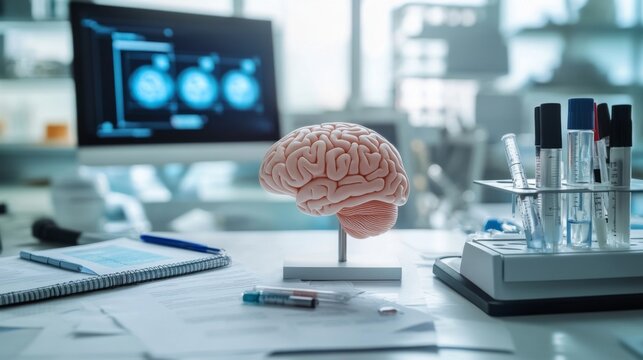 A scientific setup with a brain model on a laboratory table, surrounded by research papers and tools, representing neuroscience research and academic study.