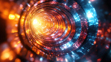 Fototapeta premium Abstract glowing tunnel with circular shapes and bright light at the end.