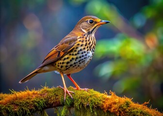 Fototapeta premium Delicate brown thrush perches on mossy forest branch, vibrant orange chest patches glowing iridescent plumage amidst misty twilight atmosphere.