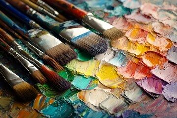 Obraz premium A vibrant array of paint and brushes showcasing the creative process in an artist's studio filled with color and texture