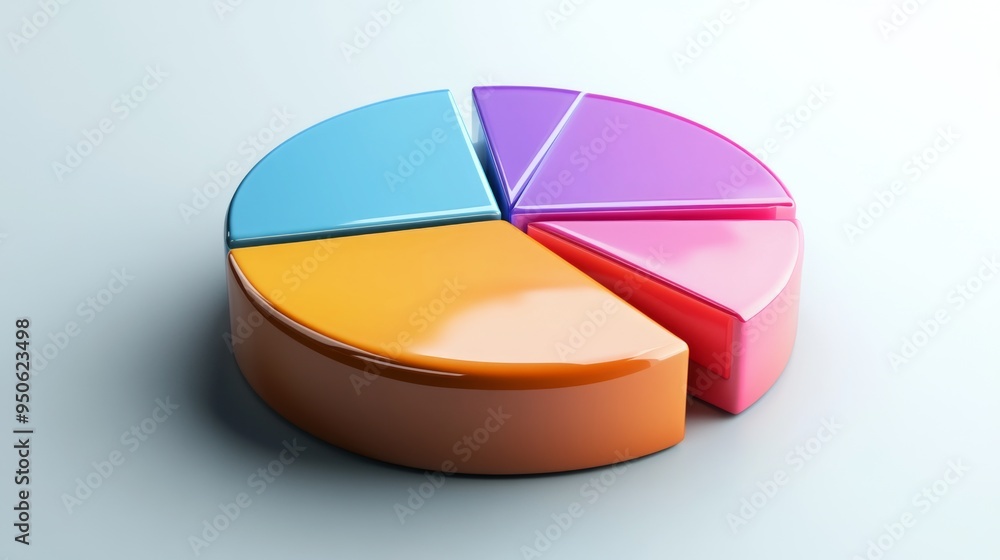 Poster a segmented 3d pie chart with depth and reflections, showcasing different business metrics in an eye