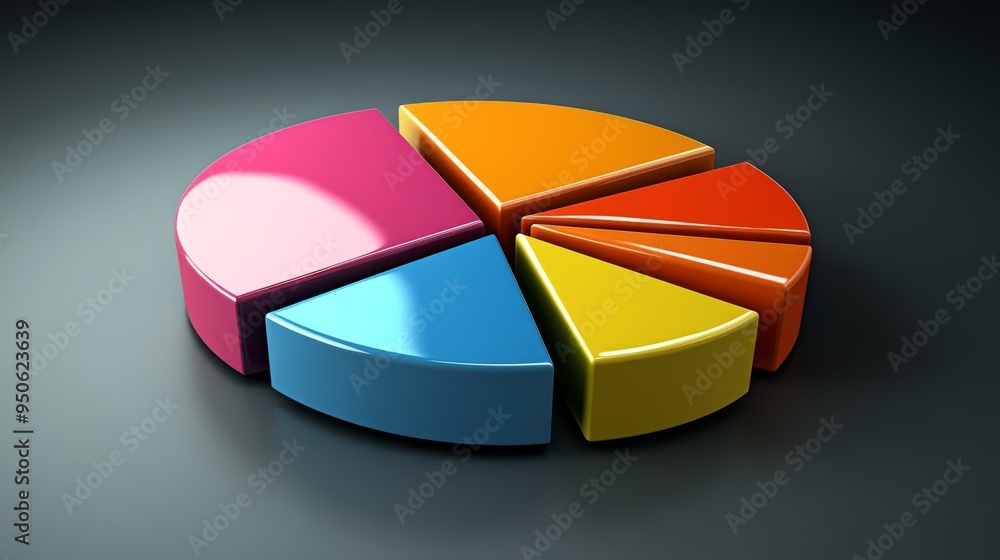 Poster a segmented 3d pie chart with depth and reflections, showcasing different business metrics in an eye
