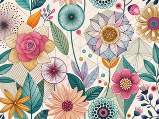 Delicate flower illustrations with bold lines and geometric shapes create a whimsical and modern design perfect for wallpapers, textiles, and digital art projects.