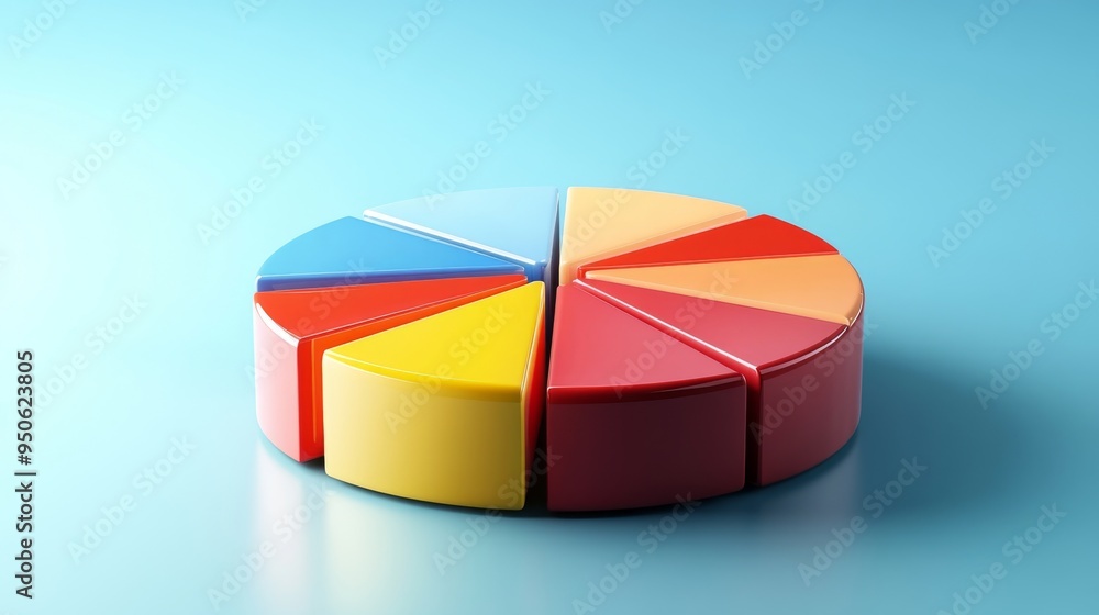 Poster a segmented 3d pie chart with depth and reflections, showcasing different business metrics in an eye