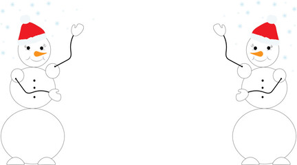 Two cute snowmen in red hats with carrots. New Year and Christmas card. Vector illustration