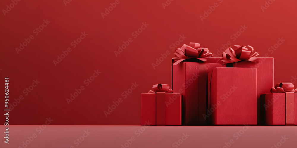 Poster minimal product background for christmas, new year and sale event concept. red gift box with red rib