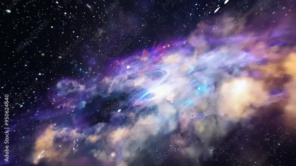 Poster flight through the galaxy with spreading nebula clouds, shiny stars and constellations