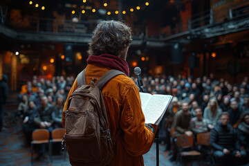 A poet reciting their work to an enraptured audience, feeling the power of words. Concept of literary passion and emotional resonance. Generative Ai.