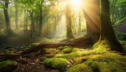 beautiful mystical forest and sunbeam fantasy wood