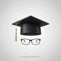 A black graduation cap and a pair of eyeglasses on a plain background