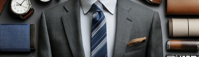 A Grey Suit with a Blue Striped Tie and Accessories