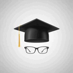A black graduation cap and a pair of eyeglasses on a plain background