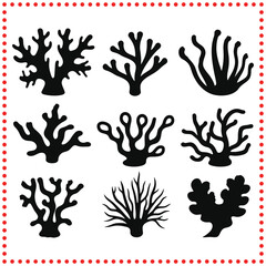 Stylized Vector Silhouettes of Coral Shapes   Marine Life Elements for Underwater Designs