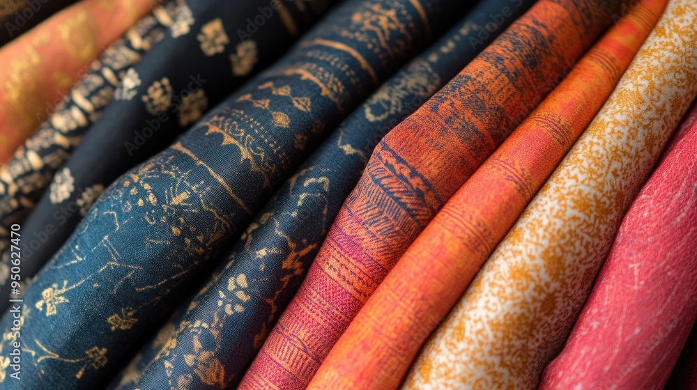 Fototapete a close-up of fabrics with patterns and textures from various countries, highlighting global textile