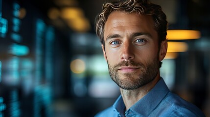 Obraz premium A business analyst with a calm expression, representing thoughtful analysis and decision-making in a corporate setting.