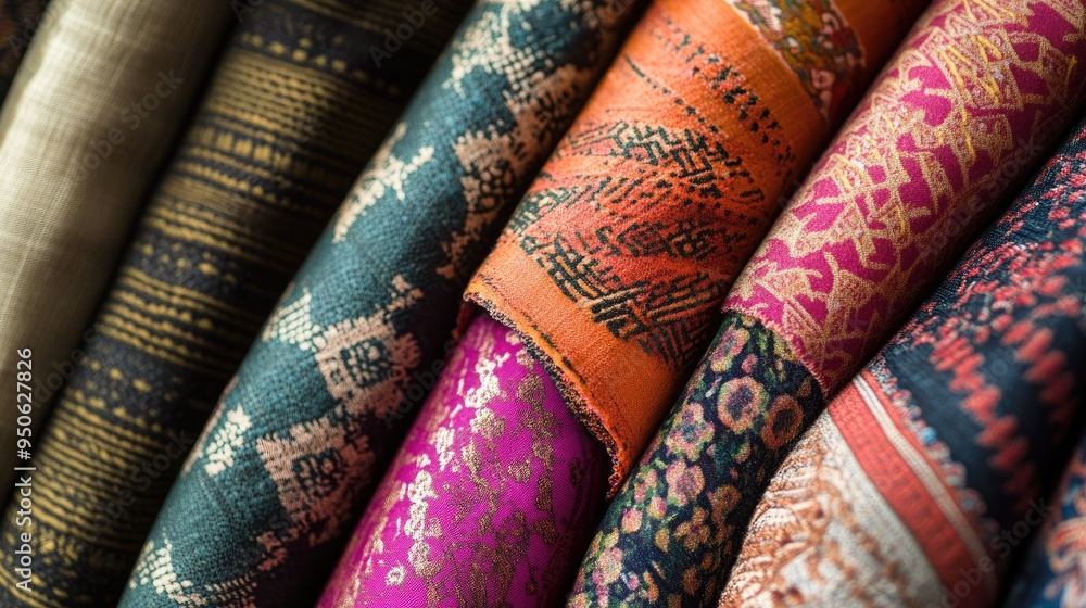 Fototapete a close-up of fabrics with patterns and textures from various countries, highlighting global textile
