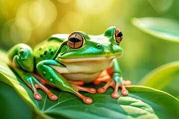 Naklejka premium A vibrant green frog with large, round eyes and orange toes, sitting on a leafy plant.