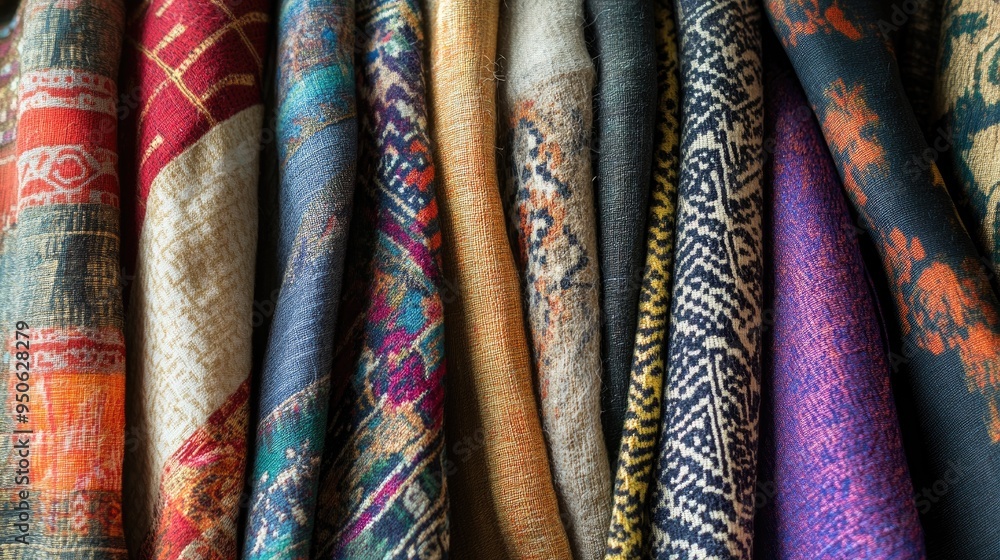 Fototapete a close-up of fabrics with patterns and textures from various countries, highlighting global textile