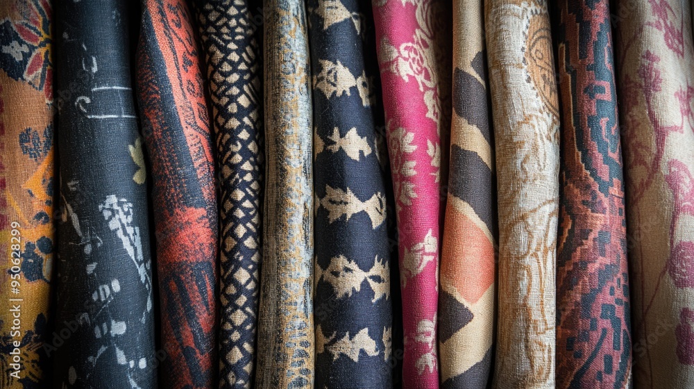 Fototapete a close-up of fabrics with patterns and textures from various parts of the world, highlighting globa
