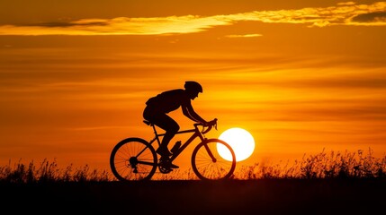 Fototapeta premium A silhouette of a cyclist riding along a path with a setting sun in the background, capturing the sense of motion and adventure in a tranquil outdoor setting.