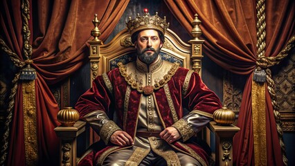 Obraz premium Regal 16th-century king sits on ornate throne, adorned in lavish robes and jewelry, amidst opulent Renaissance-era backdrop with velvet drapes and golden accents.