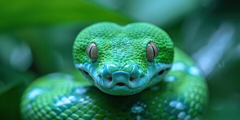 Fototapeta premium Green tree python stares directly at camera with head and part of body visible in close-up shot