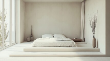 A spacious minimalist bedroom with a low-profile bed, crisp white linens, and a few understated decorative items, showcasing simplicity and tranquility.