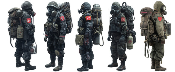 A set of Mans in a military uniform wearing anti radiation mask isolated on the transparent background