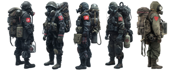 A set of Mans in a military uniform wearing anti radiation mask isolated on the transparent background