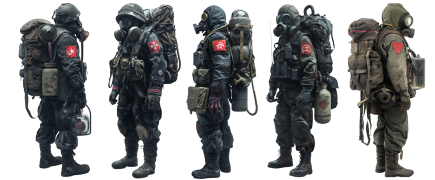 A set of Mans in a military uniform wearing anti radiation mask isolated on the transparent background