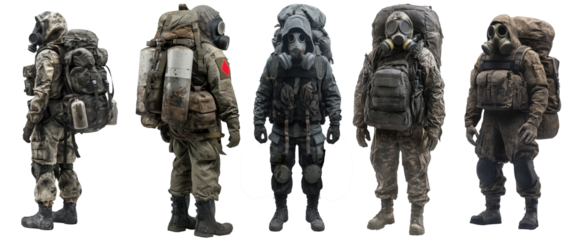 A set of Mans in a military uniform wearing anti radiation mask isolated on the transparent background
