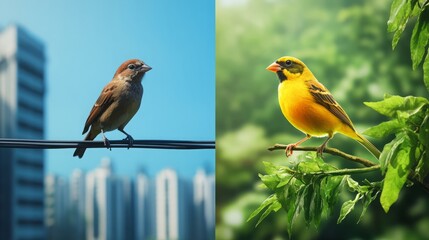 Fototapeta premium Navigating Habitat Fragmentation: The Finch's Journey from Lush Forests to Industrial Areas