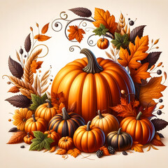Naklejka premium Autumnal Pumpkin with Leaves and Vines Background