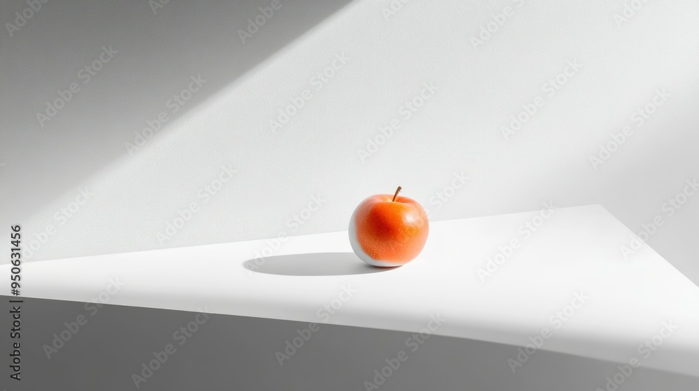Poster a single red apple with white skin on a white surface with shadows