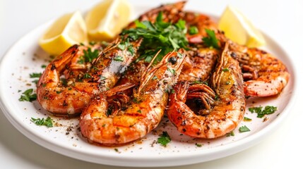A steaming hot plate of grilled prawns with a rich, smoky flavor, presented on a white background with a garnish of fresh herbs and lemon wedges.
