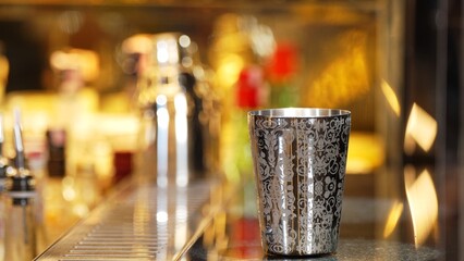 Closeup mixing equipment measure sugar salt all of ingredients into shaker preparation at bar. Special refresh drink showcasing nightlife mixology inviting warm at nightclub bokeh lighting. Vinosity.