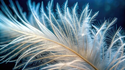 Delicate, intricate barbs and soft, fluffy filaments of a single white feather showcased in high-definition, with subtle texture and intricate details visible.