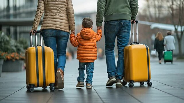 Family walking together pulling suitcases at the airport