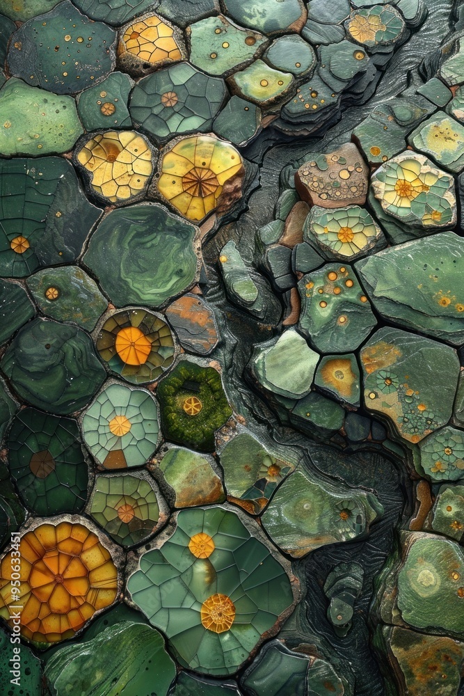 Poster close-up of a rock surface with intricate green and yellow patterns