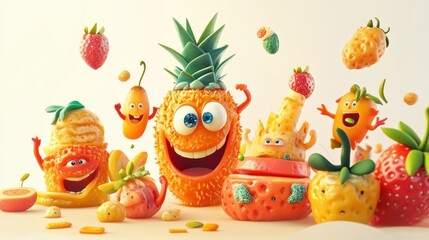 A Group of Funny Cartoon Fruits and Berries