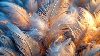Fototapeta premium Delicate, intricately patterned feather textures and soft, downy plumage fill the frame, showcasing nature's gentle beauty in stunning, high-contrast, extreme close-up detail.