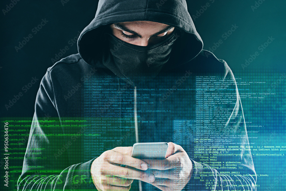 Poster smartphone, cyber security and hacker, internet web technology and man for online cybercrime. data p
