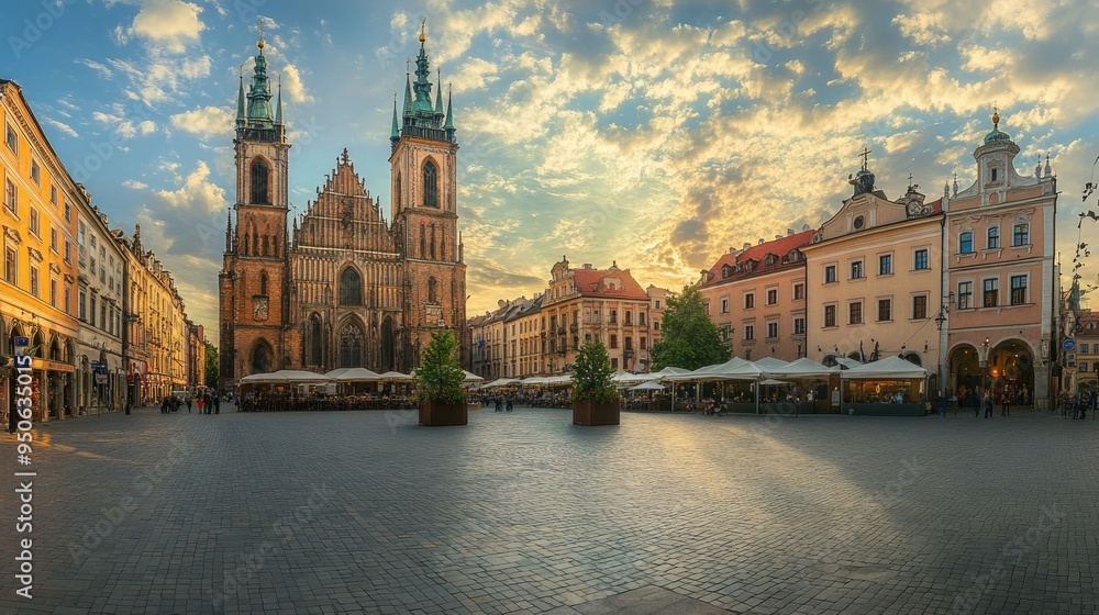 Wall mural krakow market square panoramic: st. mary's church in historic krakow