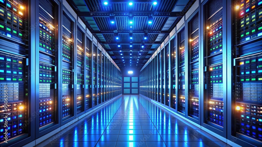 Poster rows of sleek servers and blinking lights fill a modern data center, humming with energy as they pro