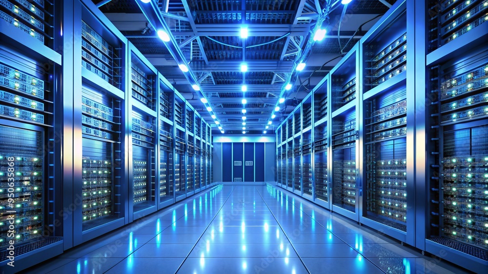 Poster rows of sleek white servers hum with activity in a state-of-the-art data center, illuminated by soft