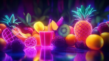 Image of Neon Glowing Fruit with Juice and Reflections printed on Glass Photo Prints